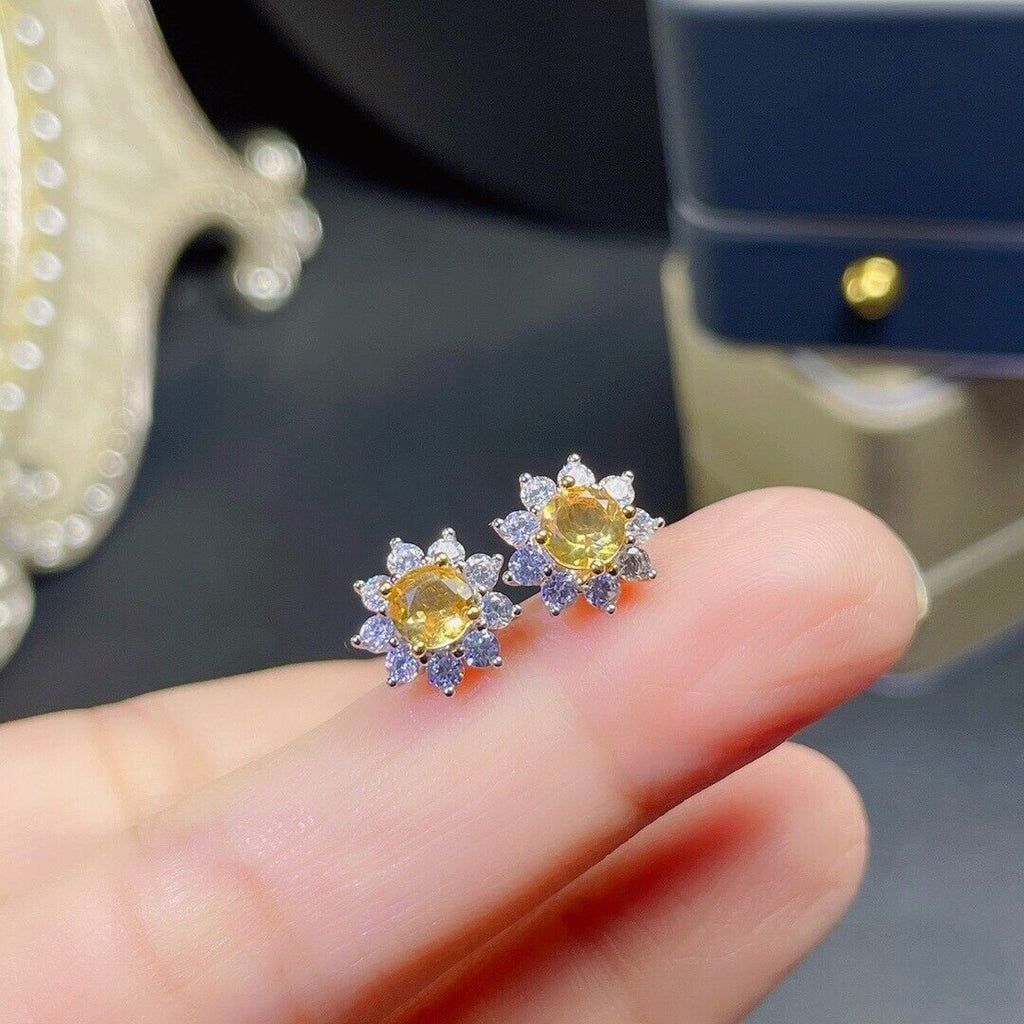 5x5mm Natural Citrine Flower Earrings, Genuine Citrine Stud Earrings Sterling