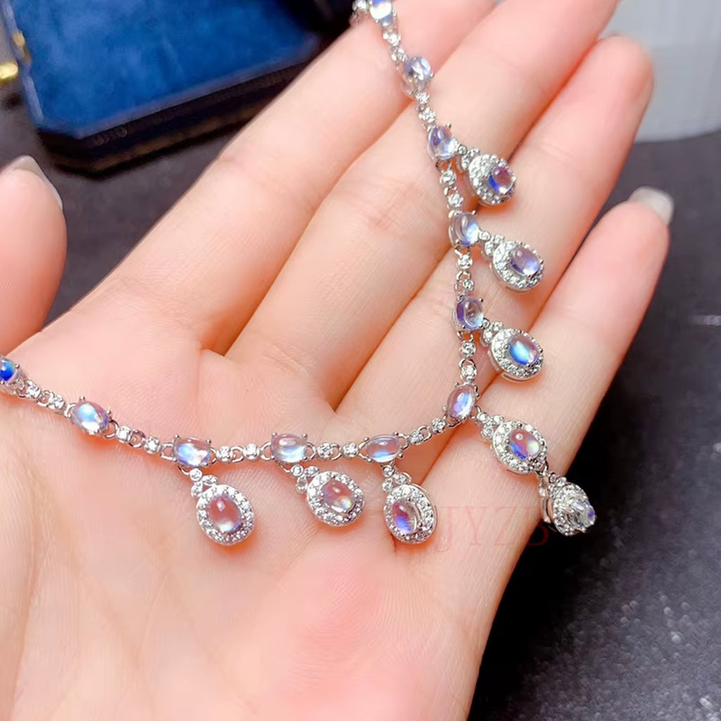 Natural Blue Moonstone Charm Necklace 925 Sterling Silver, Moonstone Necklace