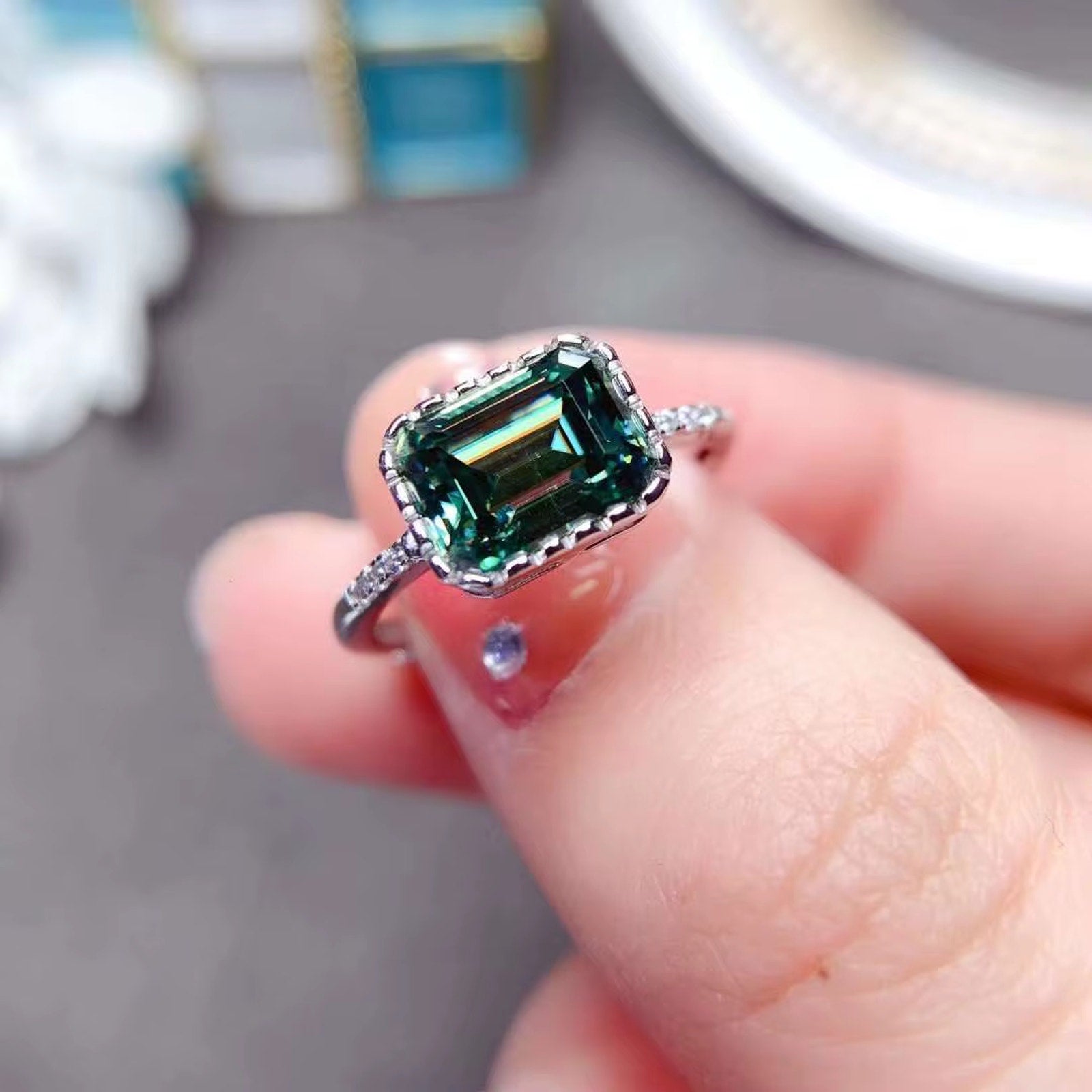 Emerald Cut Moissanite, Green Emerald Cut Moissanite Ring, Green Moissanite Rings, Moissanite, Green Moissanite Ring, 2 Carat Moissanite RIng, Moissanite Ring, Moissanite, VVS1 Miossanite, Gray Moissanite, White Moissanite, Solitaire Moissanite Ring, Round Brilliant Cut Moissanite Ring, Moissanite Ring, Round Brilliant Cut, 5 Carat Moissanite Ring, Moissanite Jewelry