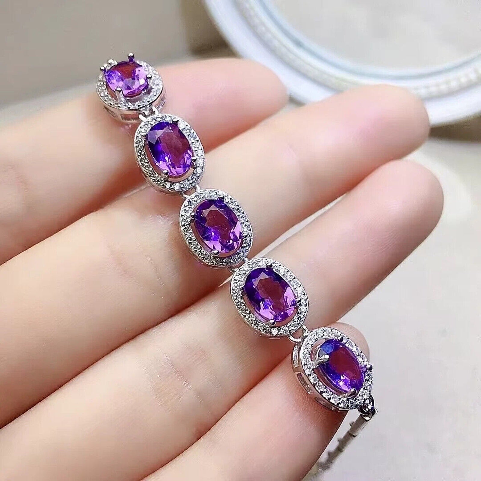 Natural Amethyst Gemstone Tennis Bracelet, Paperclip Chain Amethyst Bracelet