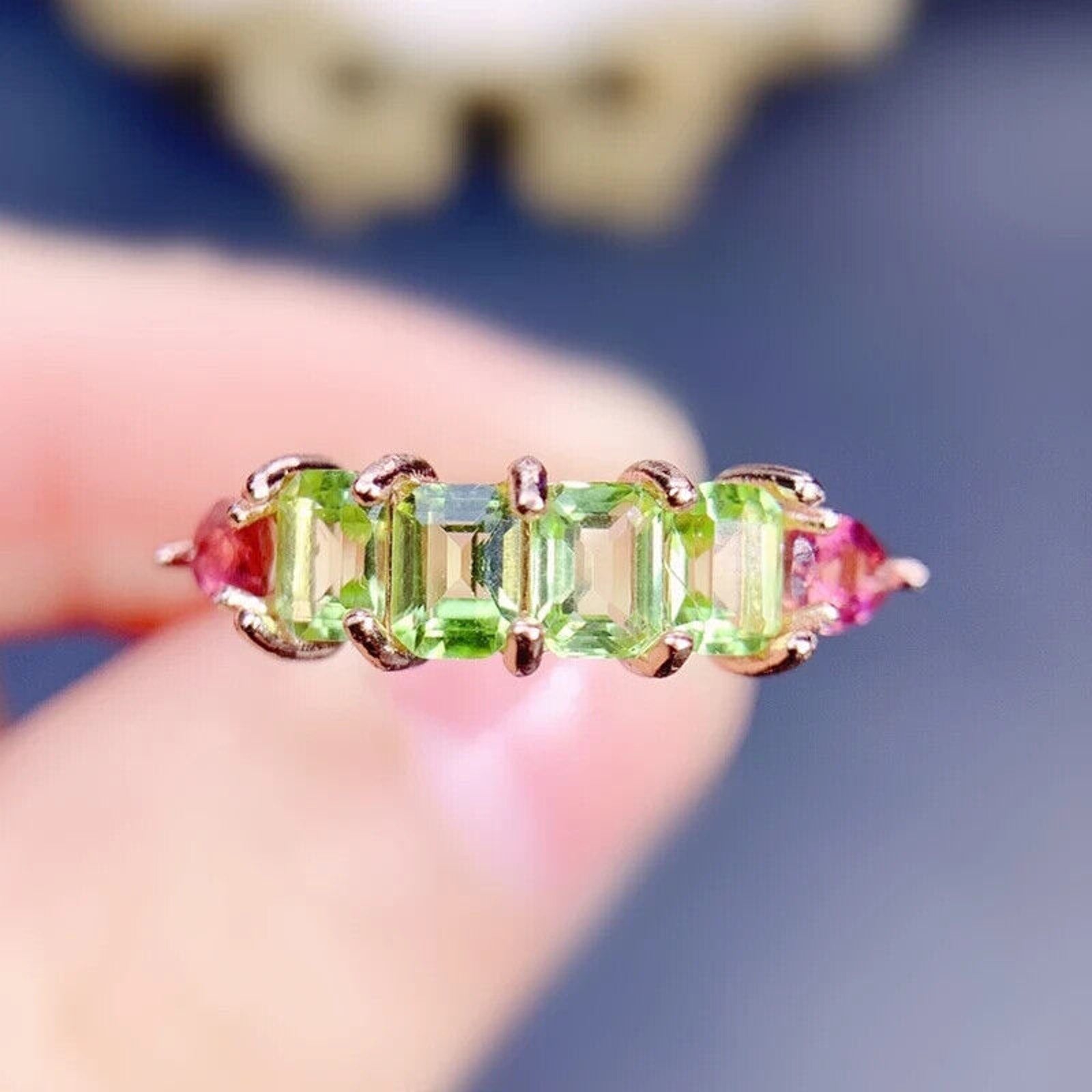 Natural Peridot and Tourmaline Emerald Cut Band Ring, August Birthstone Peridot