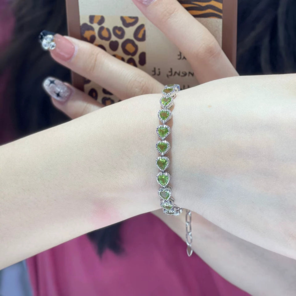Natural Peridot Heart Tennis Bracelet 5mm 925 Sterling Silver, August Birthstone