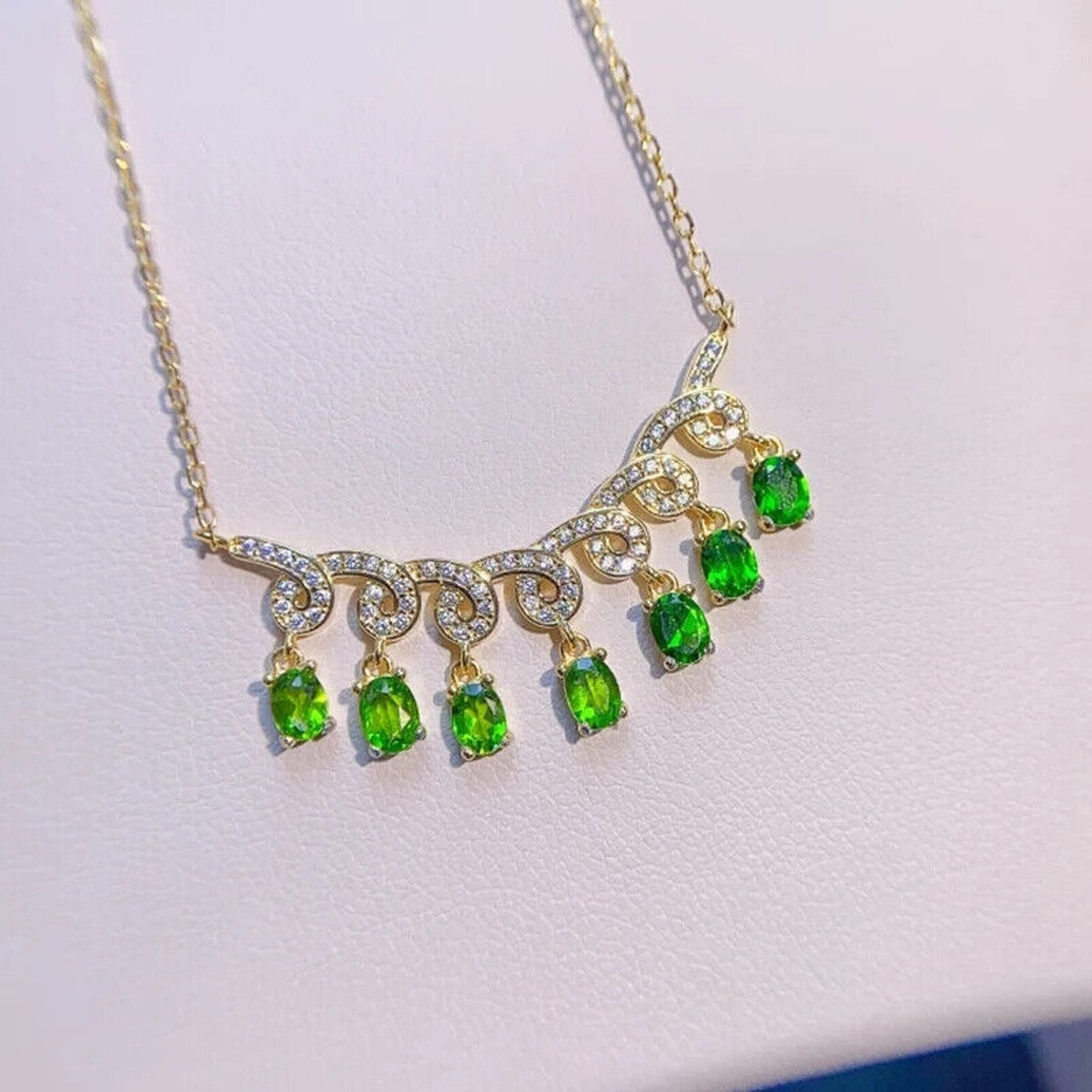 Natural Diopside Gemstone Charm Necklace, Chrome Diopside Necklace Sterling