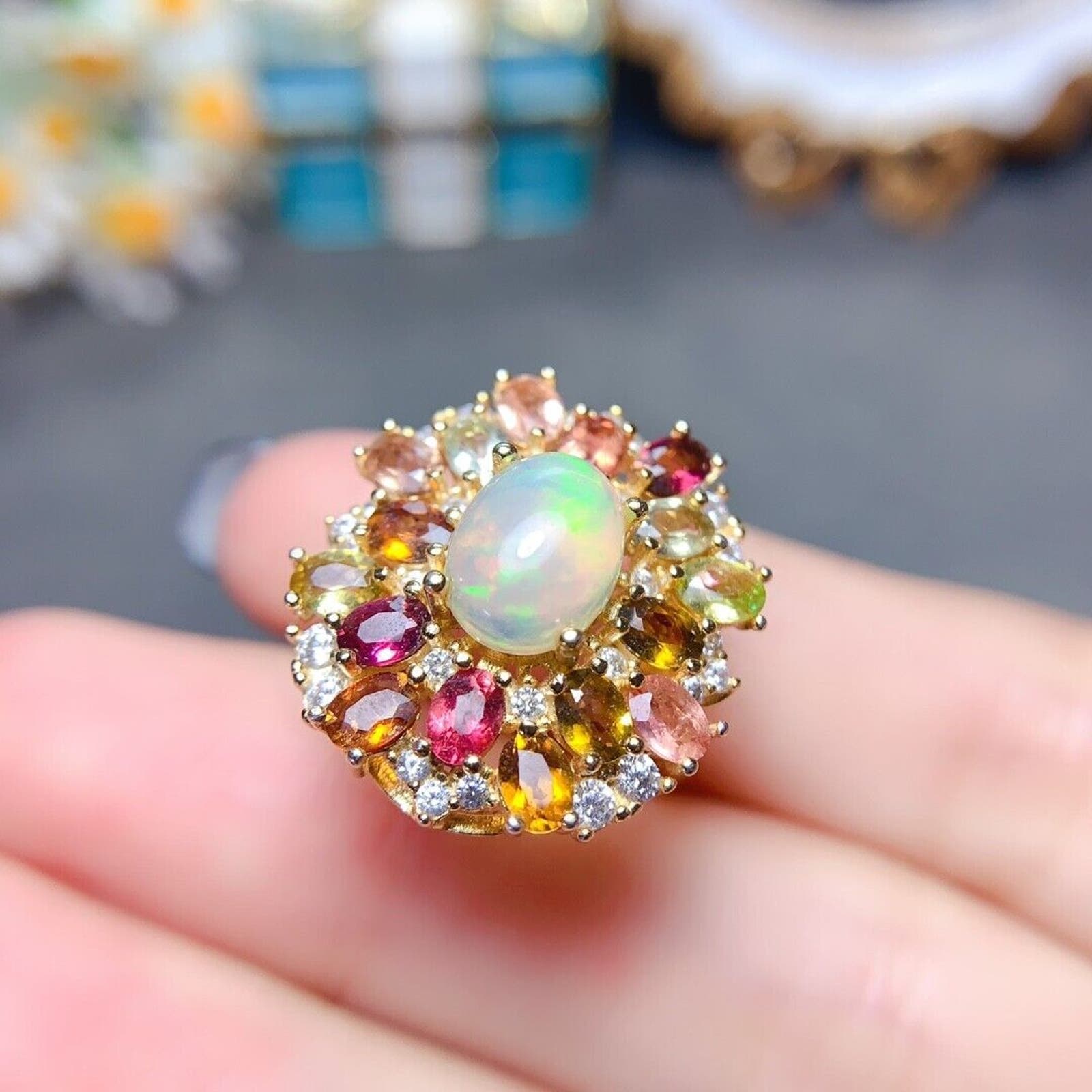 Fire Opal and Multicolor Tourmaline Statement Ring 7x9mm