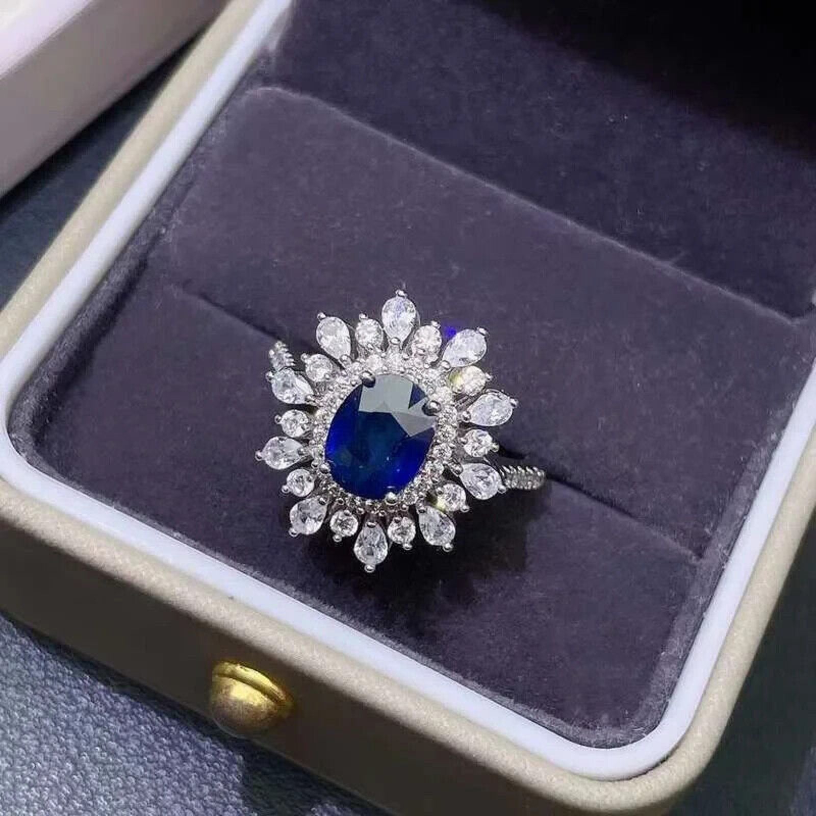 Natural Sapphire Gemstone Ring, Women's Sapphire Statement Ring Sterling Silver