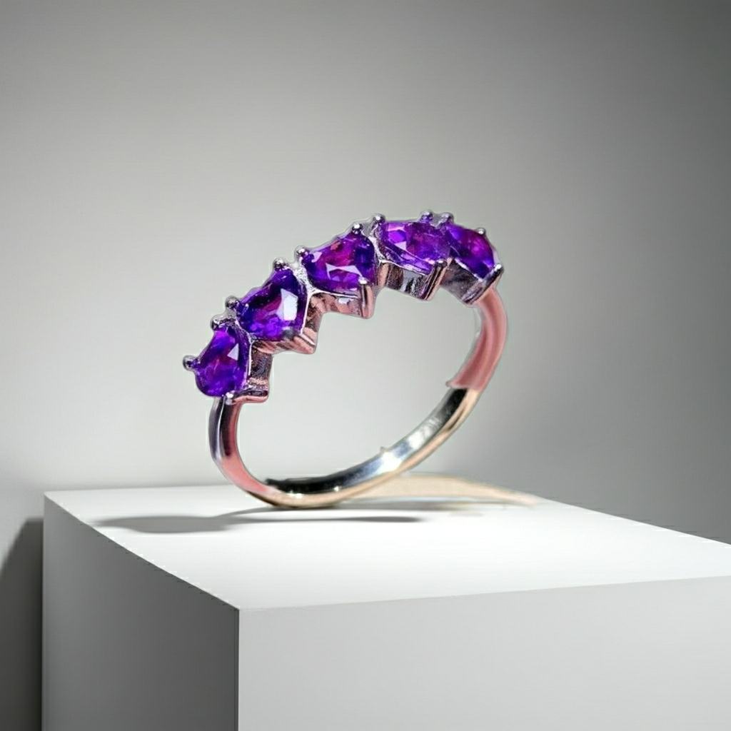 Heart Shaped Amethyst Band Ring 925 Sterling Silver