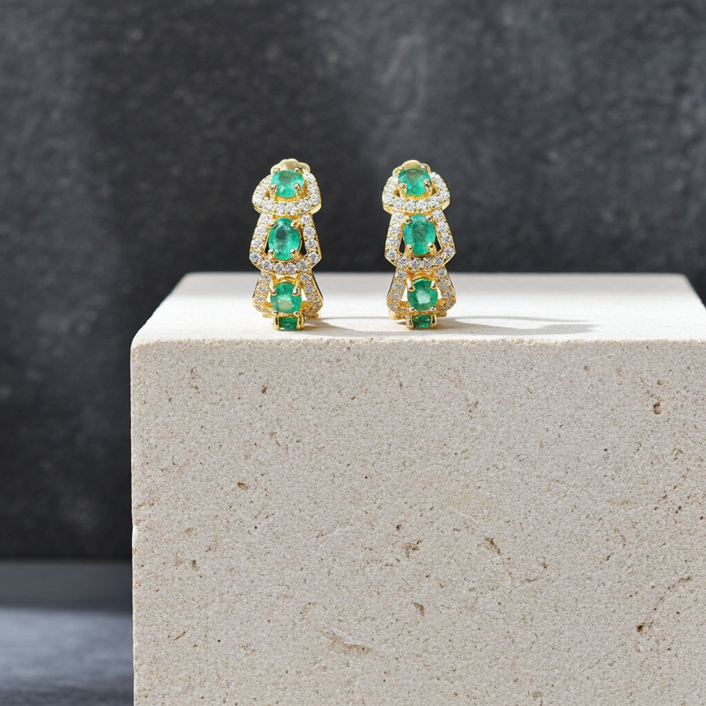 Natural Emerald Hoop Earrings 14k Gold Plated, Emerald Jewelry
