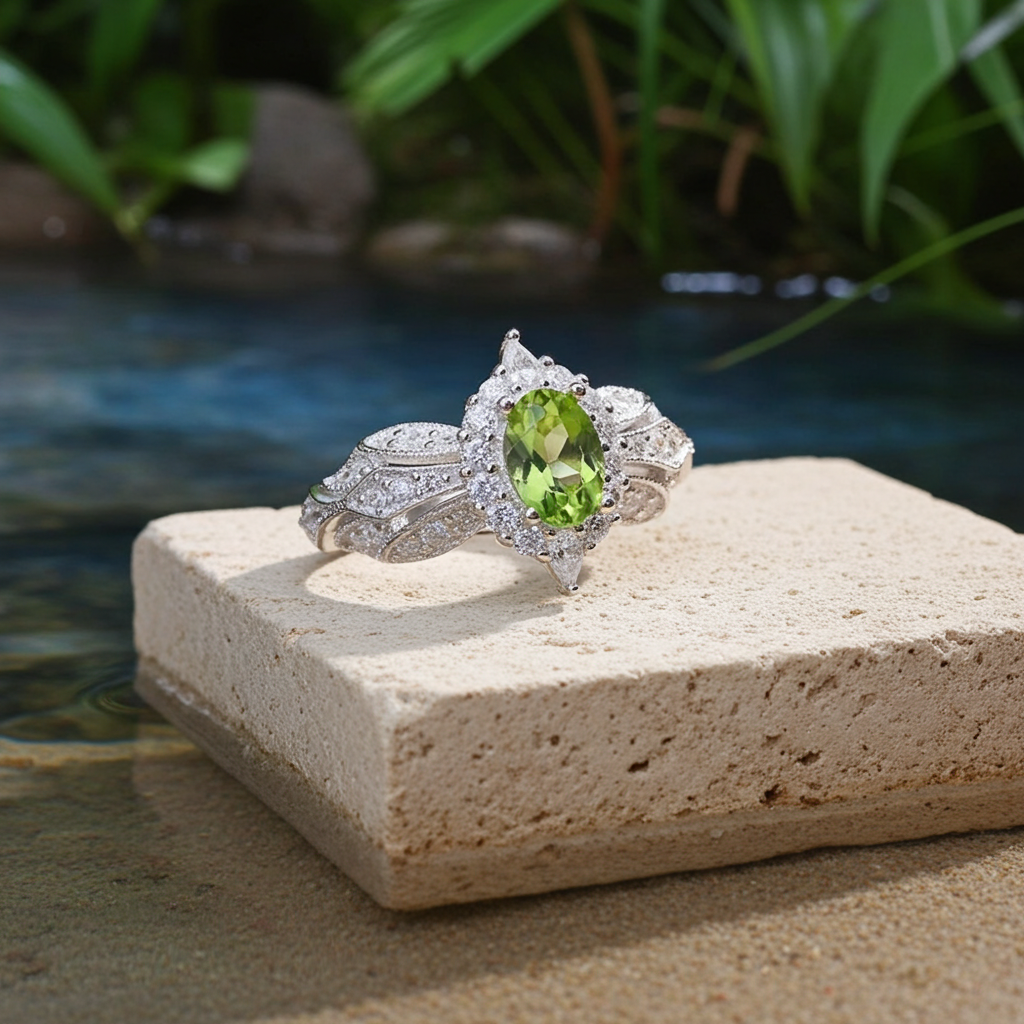 Natural Peridot Gemstone Ring 4x6mm, August Birthstone Peridot Ring Sterling