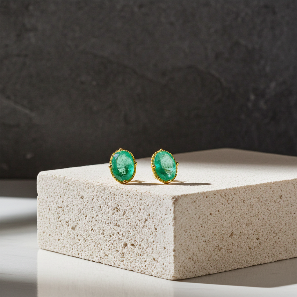 Bright Green Emerald Stud Earrings 5x7mm 14k Gold Plated