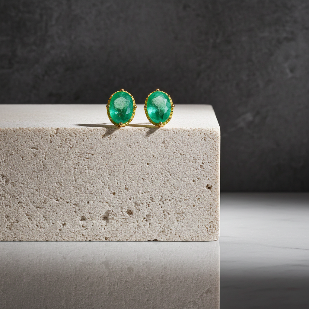 Bright Green Emerald Stud Earrings 5x7mm 14k Gold Plated