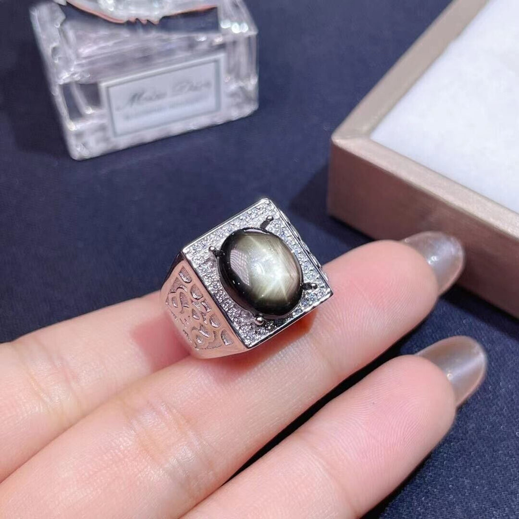 Men's Gray Star Sapphire Big Ring, 10x12mm Men's Star Sapphire Ring Platinum