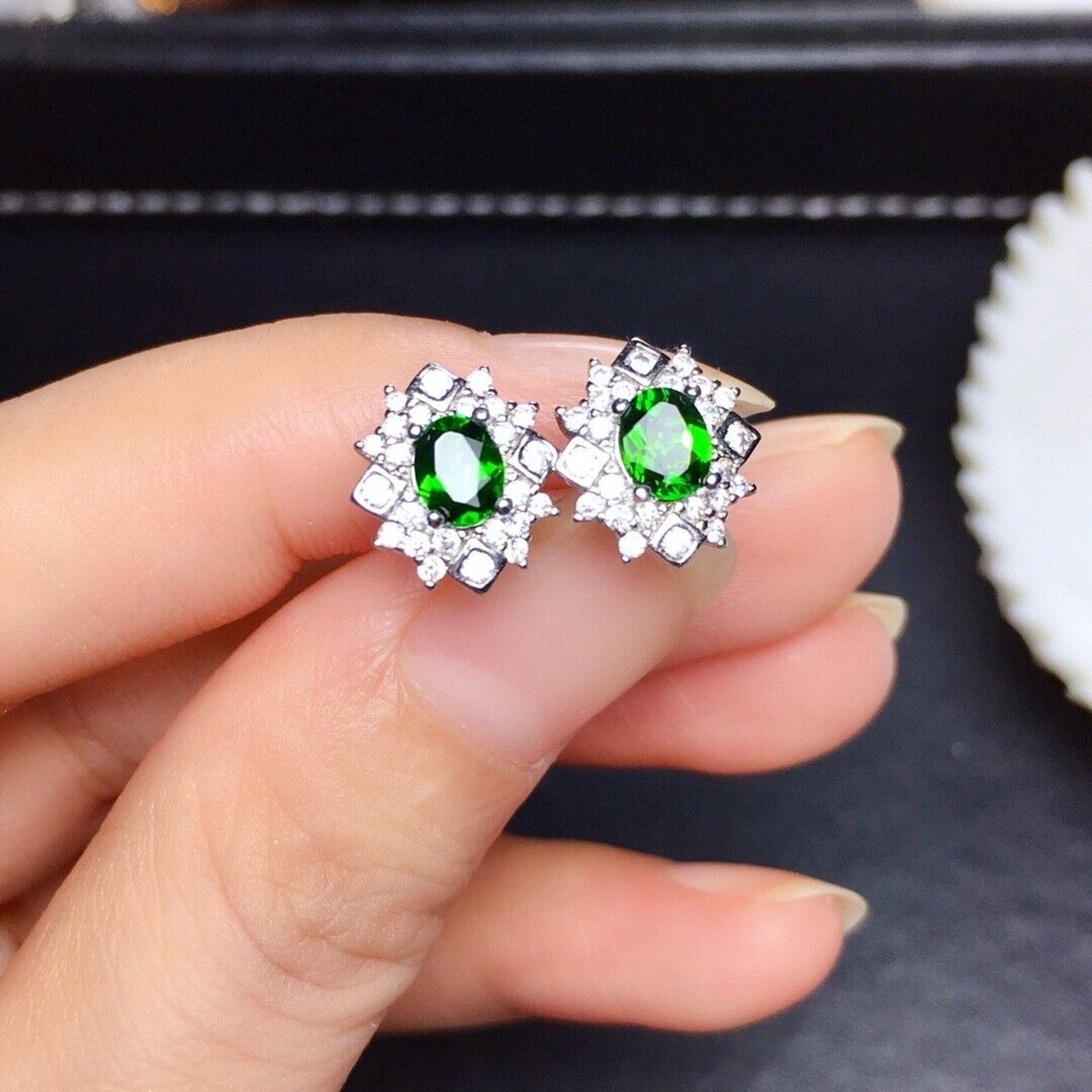 Natural Chrome Diopside Stud Earrings VVS Grade Platinum Plated Sterling Silver