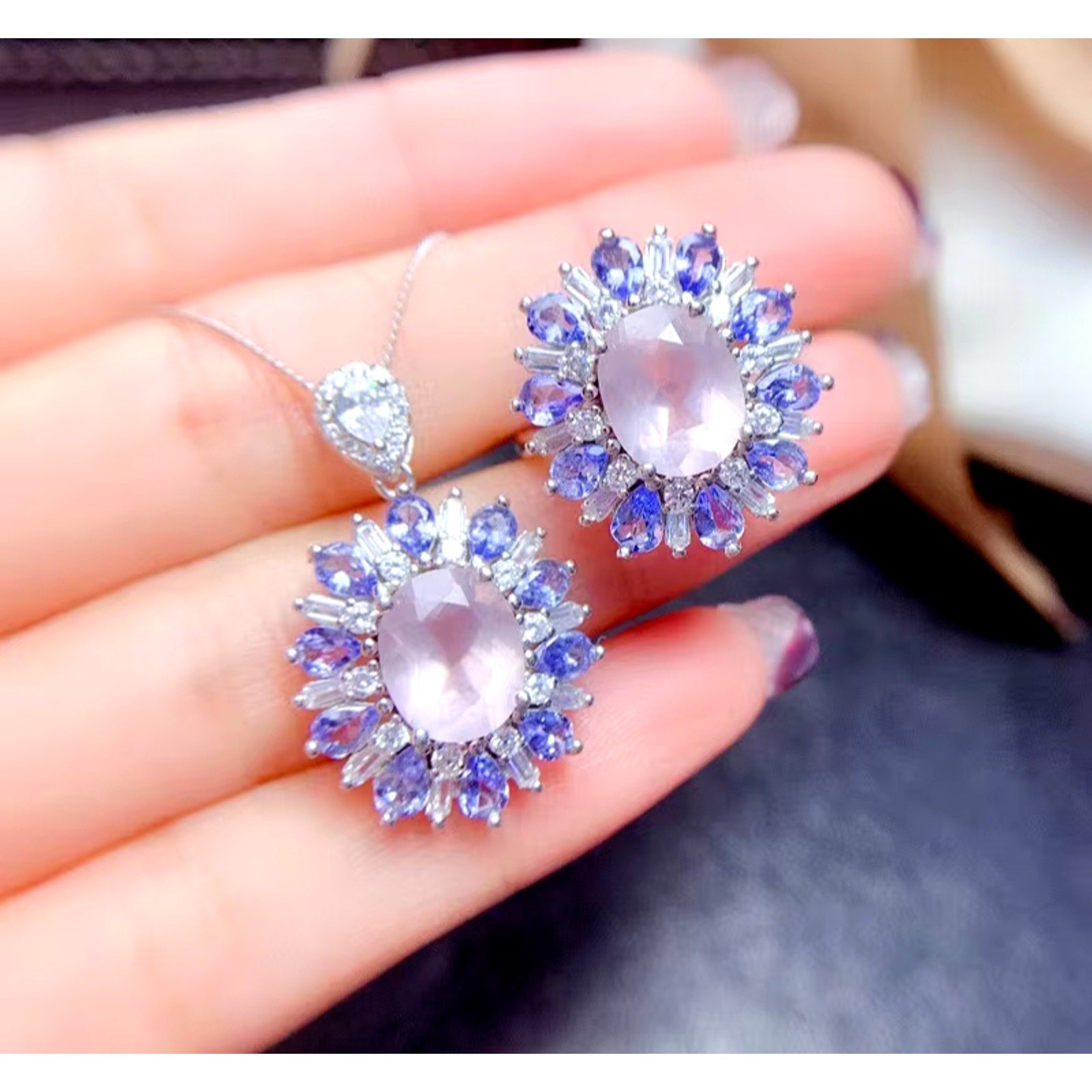 Purple Tanzanite and Rose Quartz Jewelry Set, Natural Tanzanite and Rose Quartz