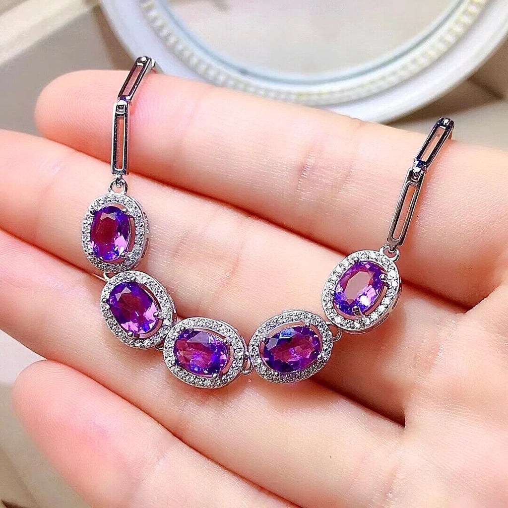 Natural Amethyst Gemstone Tennis Bracelet, Paperclip Chain Amethyst Bracelet