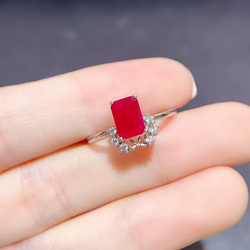 Genuine Ruby Emerald Cut Ring 1 Ct Sterling Silver, Natural Ruby Ring