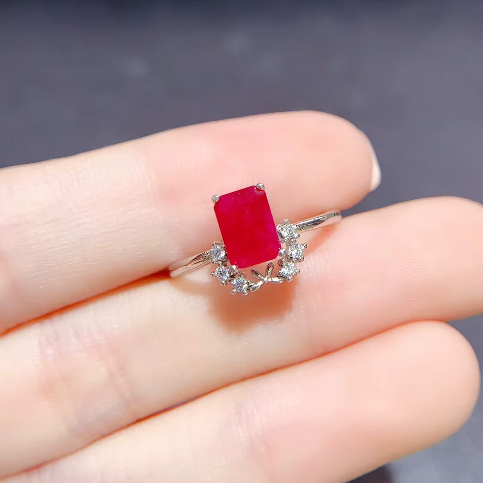 Genuine Ruby Emerald Cut Ring 1 Ct Sterling Silver, Natural Ruby Ring