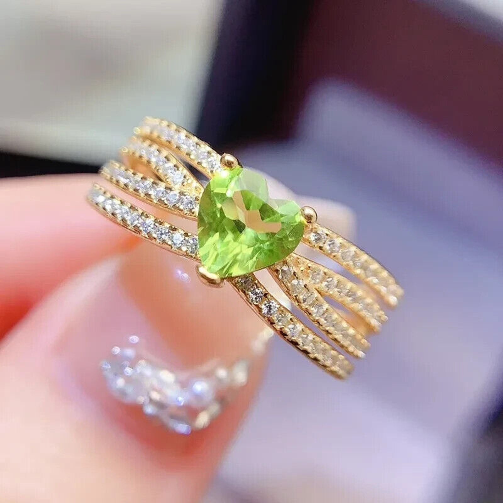 Natural Peridot Gemstone Heart Ring 6mm, August Birthstone Peridot Ring