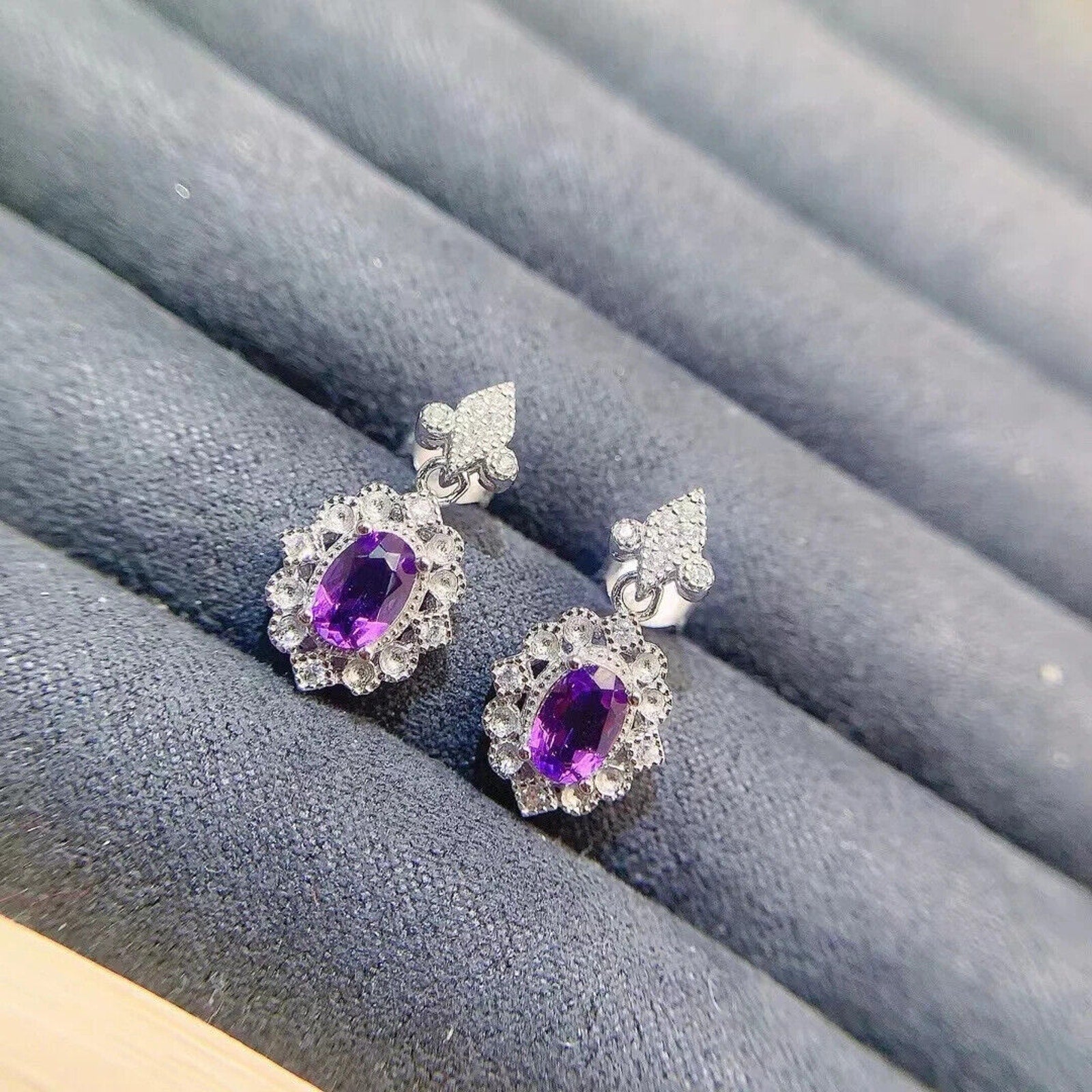 Amethyst Dangle Earrings 4x6mm Platinum Plated, Purple Amethyst Earrings