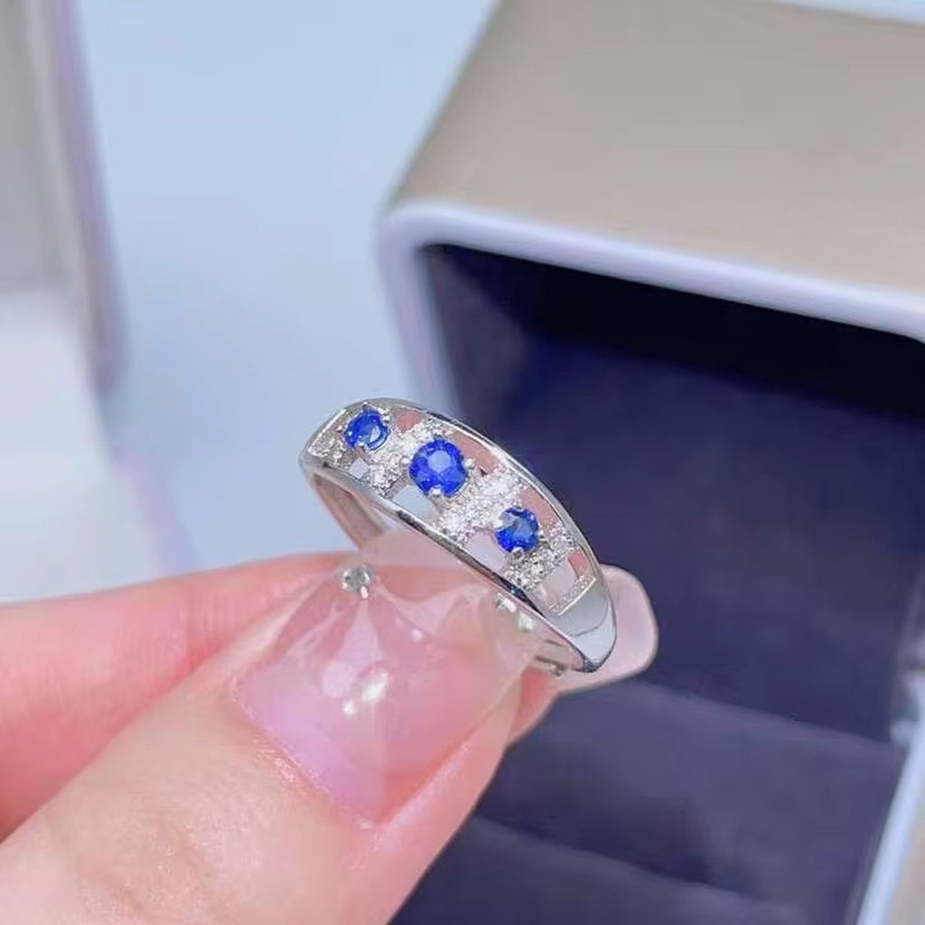Blue Sapphire Band Ring, Natural Blue Sapphire Gemstone Ring 925 Sterling