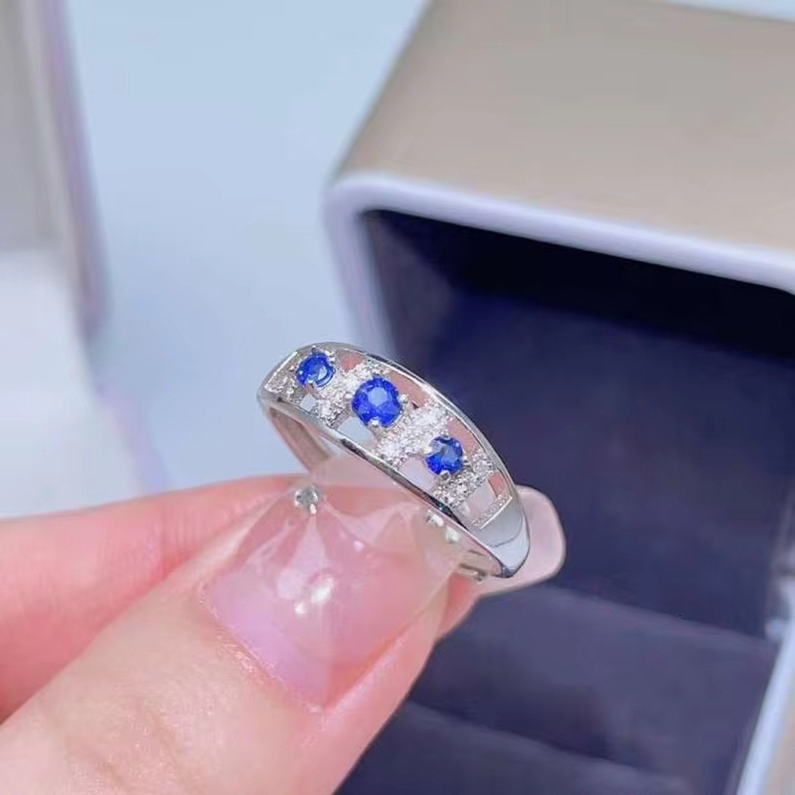 Blue Sapphire Band Ring, Natural Blue Sapphire Gemstone Ring 925 Sterling