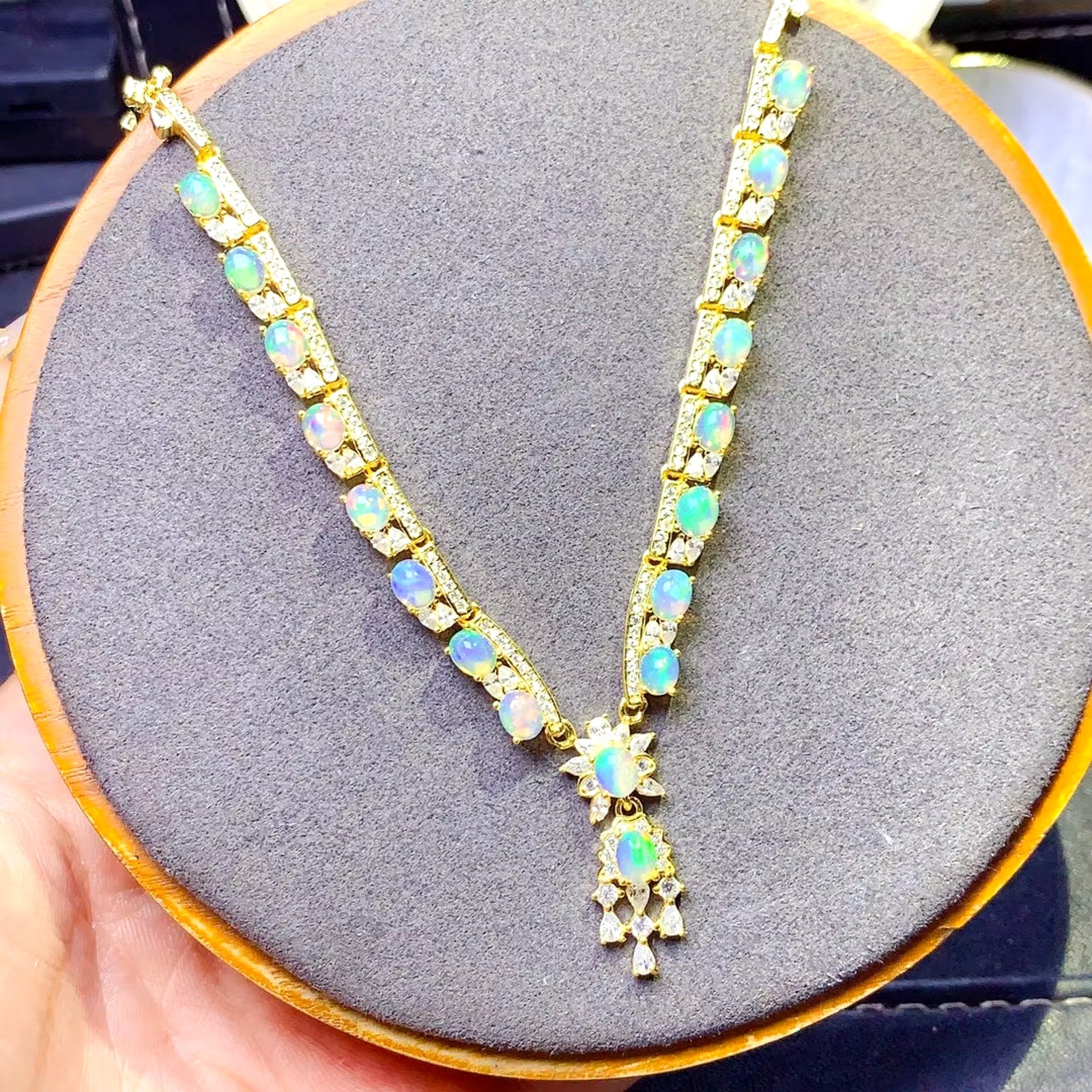 Natural Fire Opal Statement Necklace, Women's Opal Necklace 4x5mm Sterling