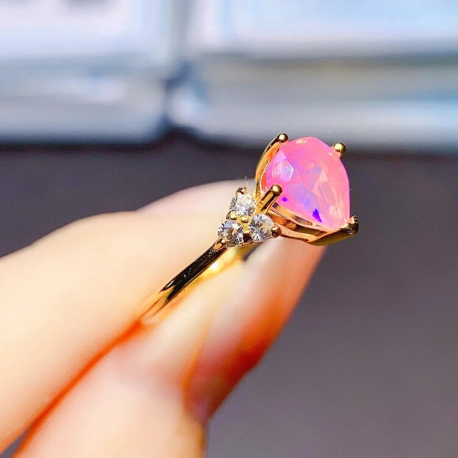 Pink Fire Opal Cluster Ring 7mm, Natural Pink Fire Opal Ring 925 Sterling