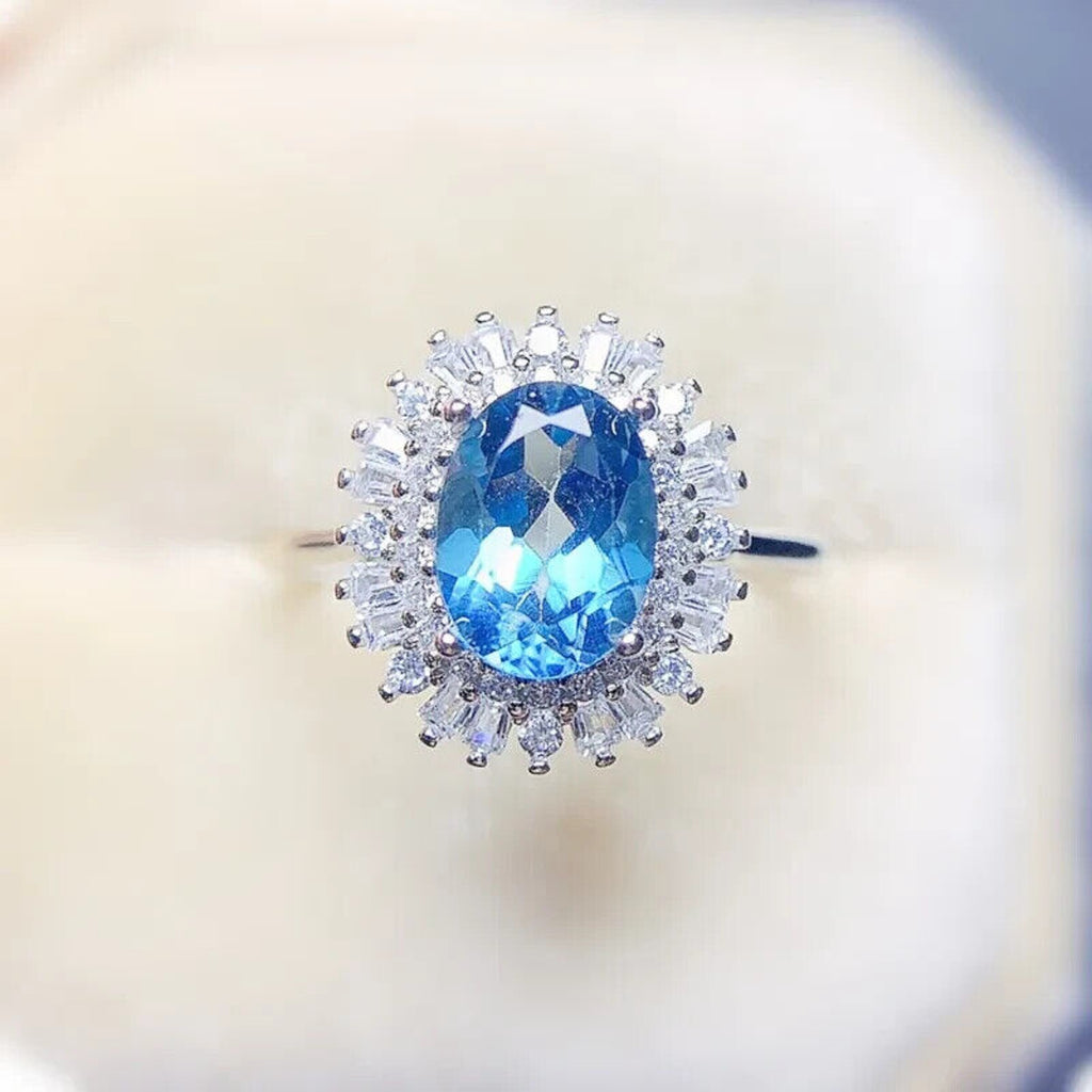 Swiss Blue Topaz Statement Ring, Natural Blue Topaz Gemstone Ring 6x8mm 1.6CT