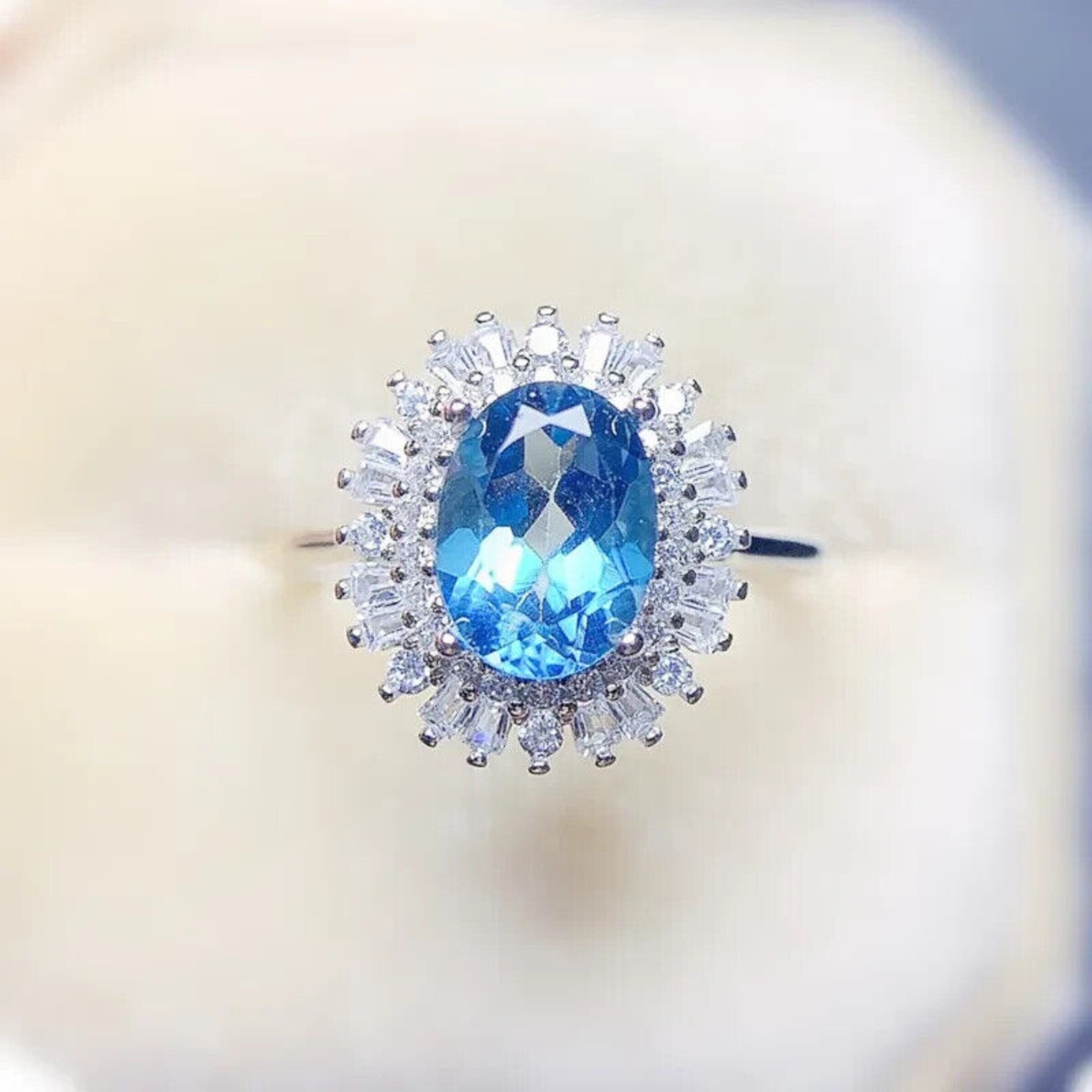 Swiss Blue Topaz Statement Ring, Natural Blue Topaz Gemstone Ring 6x8mm 1.6CT