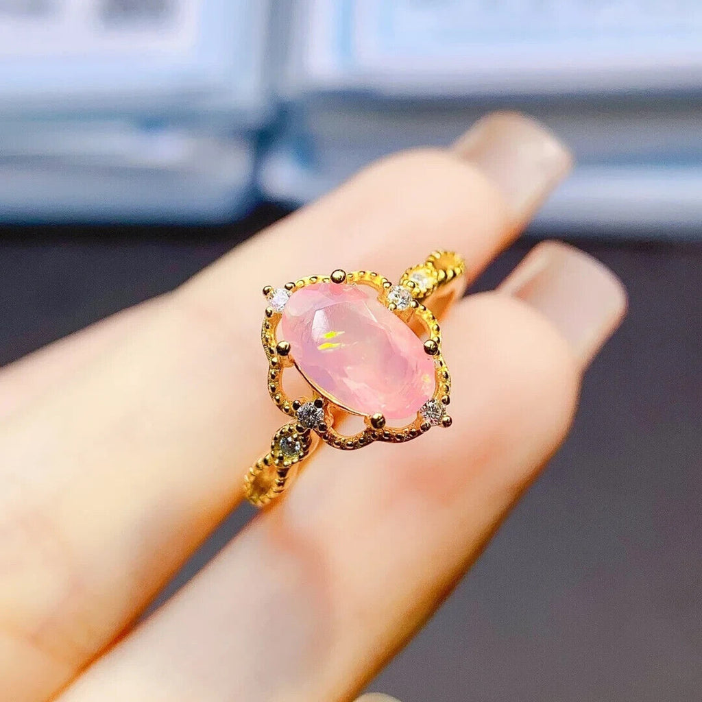 Pink Fire Opal Cluster Ring 5x9mm, Natural Pink Fire Opal Ring 925 Sterling