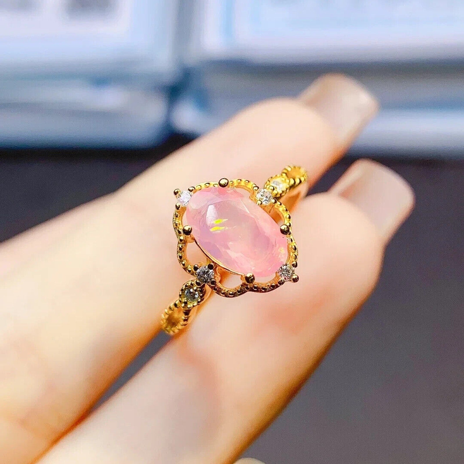 Pink Fire Opal Cluster Ring 5x9mm, Natural Pink Fire Opal Ring 925 Sterling