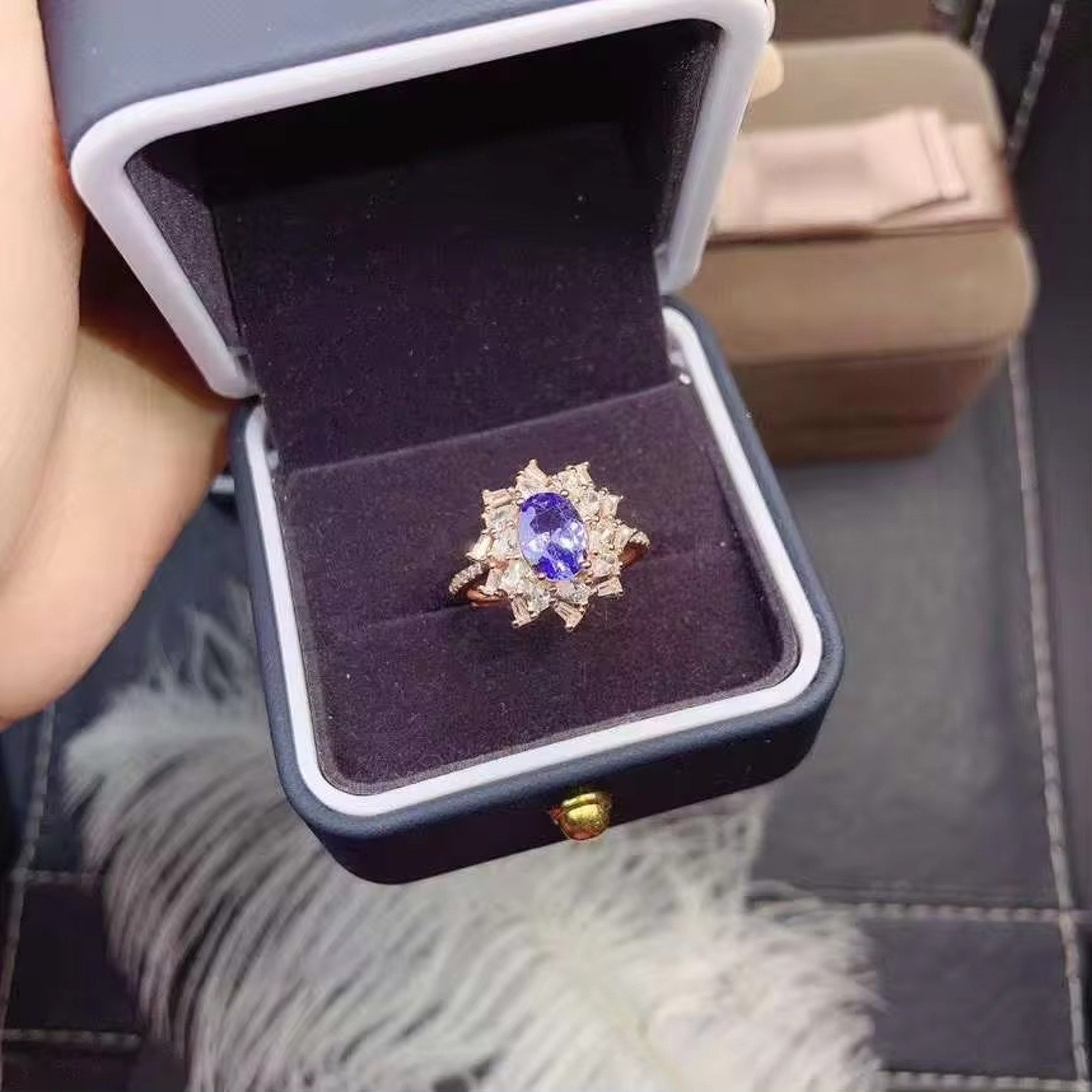 Tanzanite Ring, Natural Purple Tanzanite Ring Sterling Silver 6x8mm Tanzanite