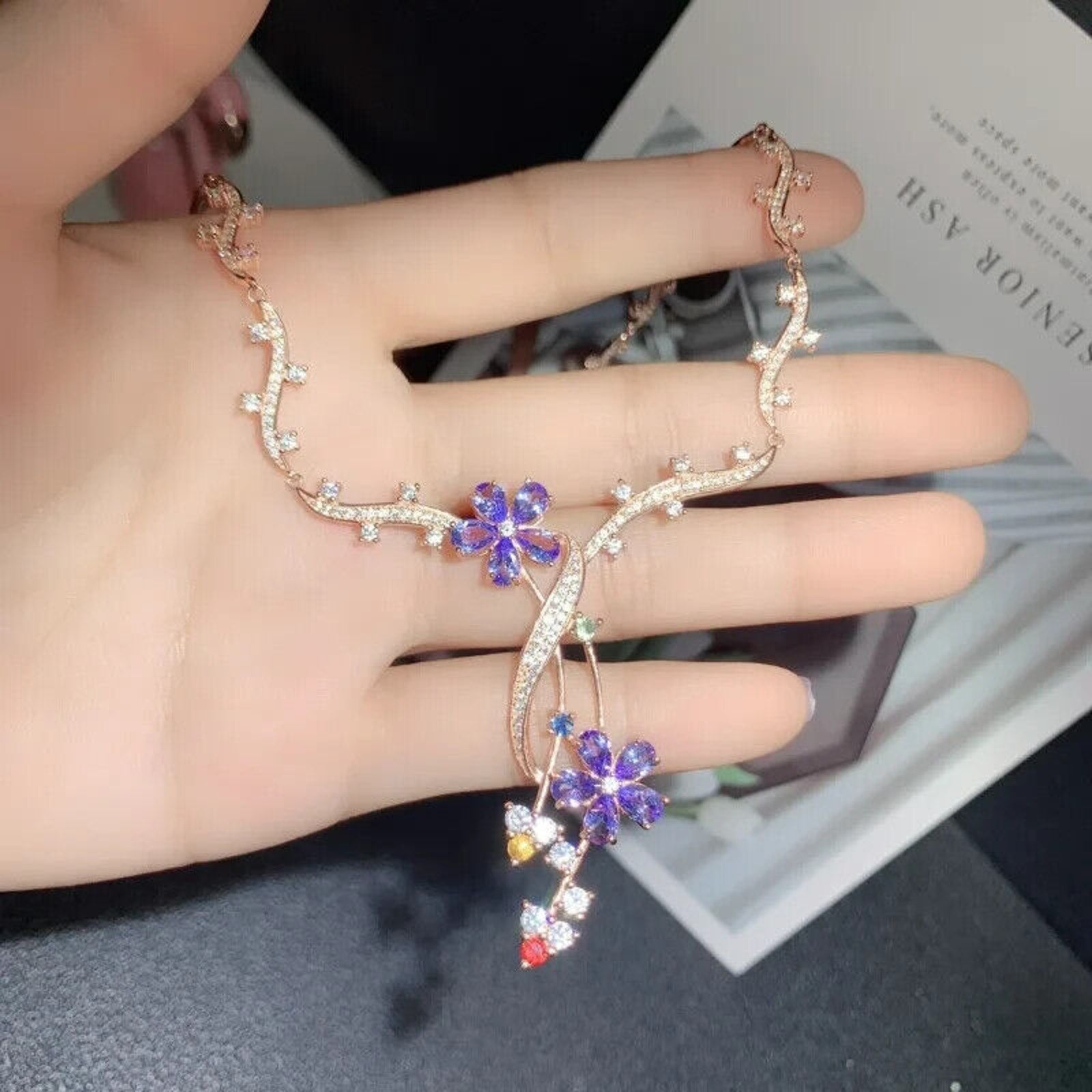 Purple Tanzanite Flower Statement Necklace, VVS1 Pear Cut Purple Tanzanite