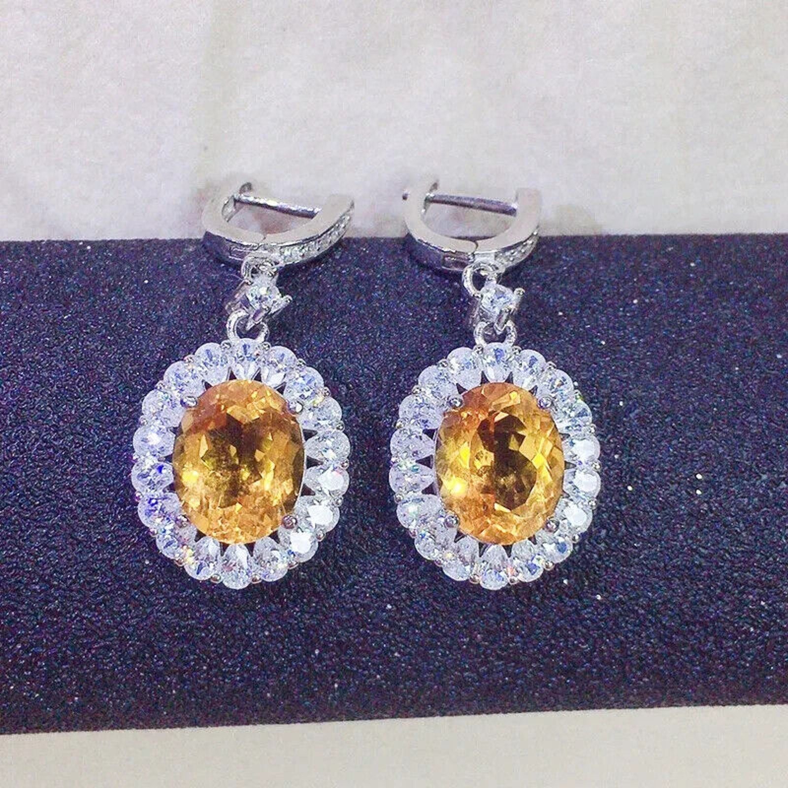 Natural Citrine Oval Cut Dangle Earrings 8x10mm, Citrine Statement Earrings