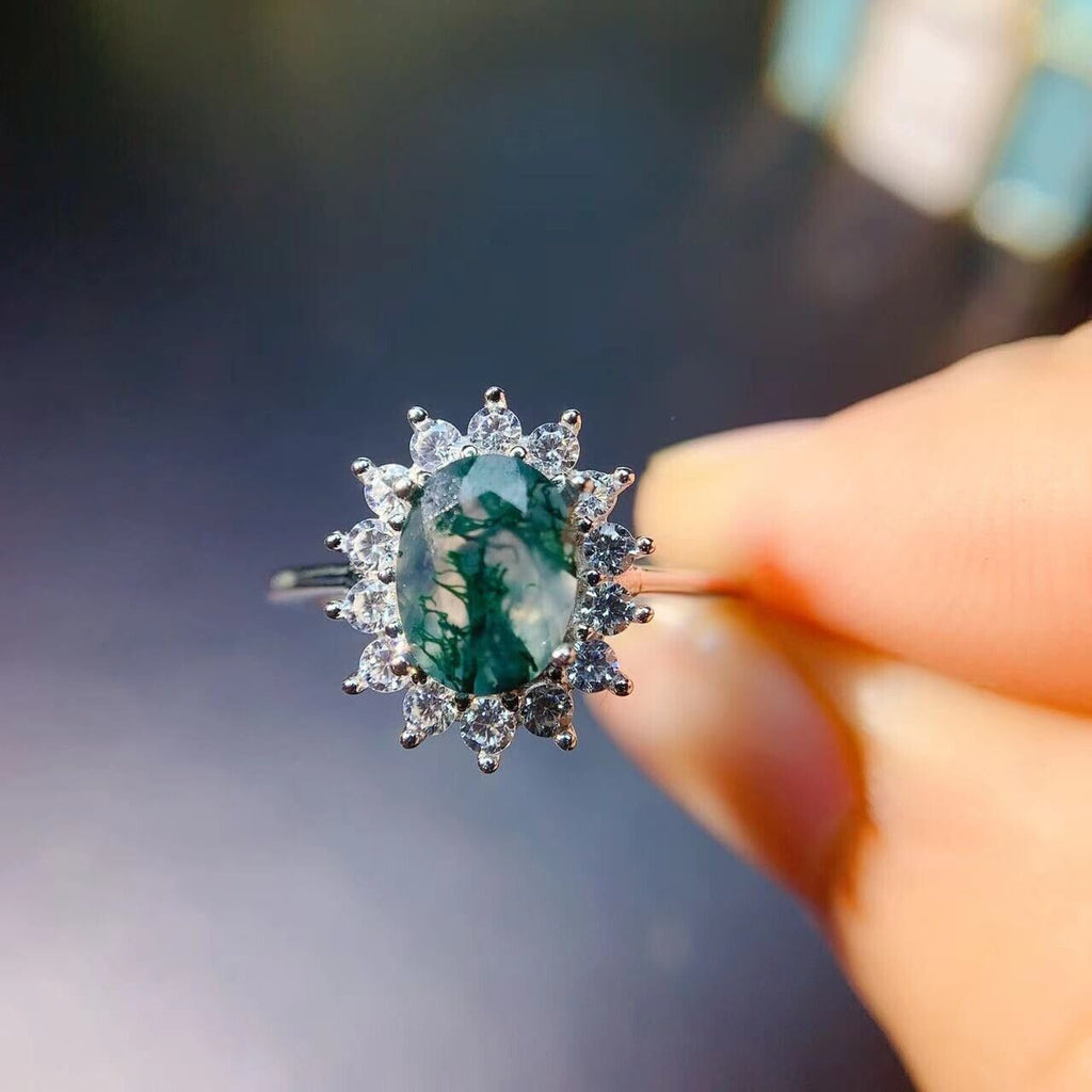 6x8mm Moss Agate Cocktail Ring 925 Sterling Silver
