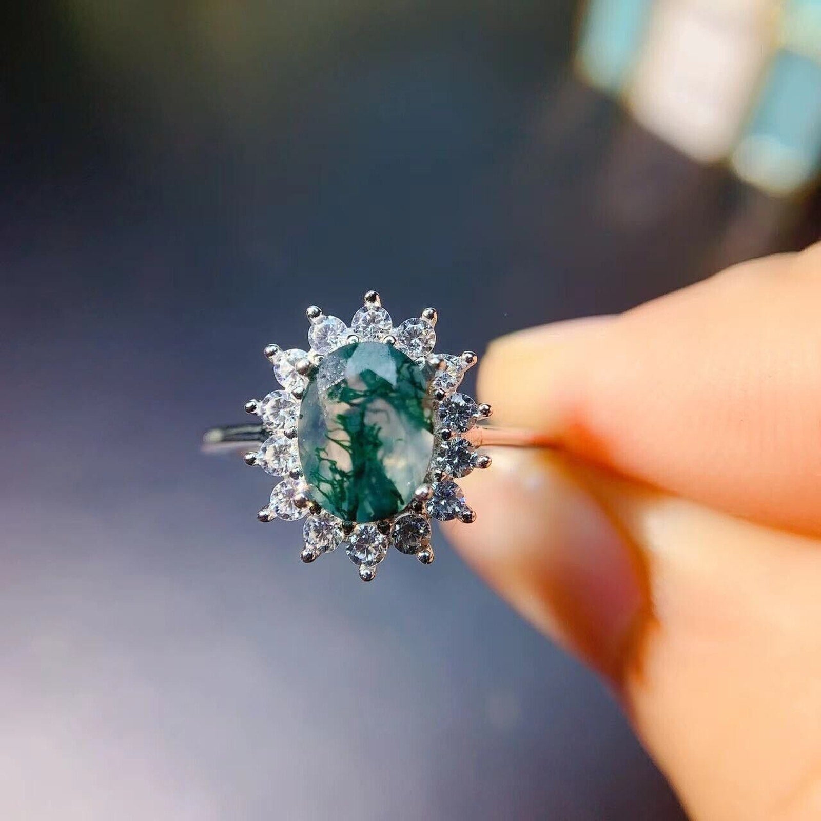 6x8mm Moss Agate Cocktail Ring 925 Sterling Silver