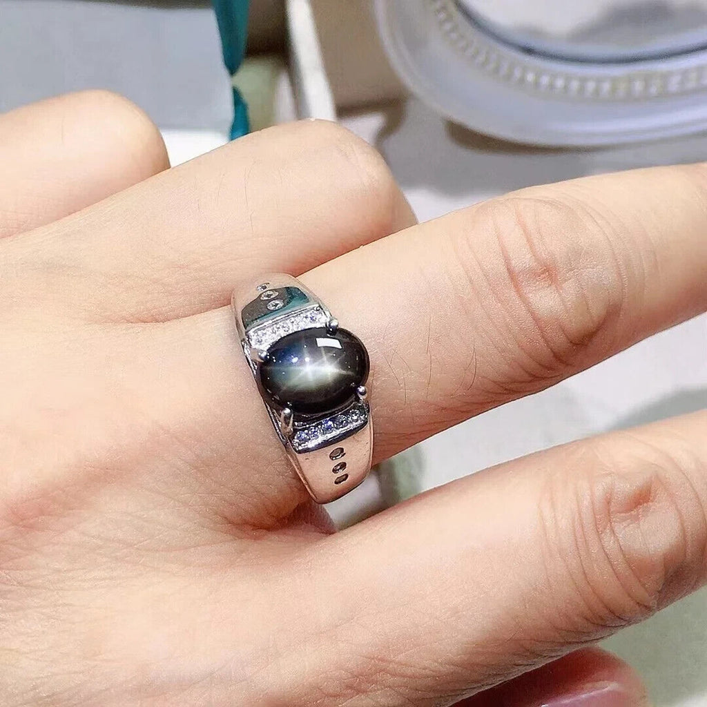 Men’s Star Sapphire Ring – Natural Star Light Sapphire in 925 Sterling Silver