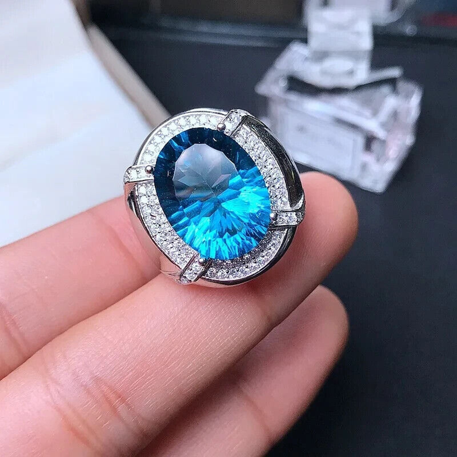 Men's London Blue Topaz Ring, Natural London Blue Topaz, London Blue Topaz, Men's Topaz Ring