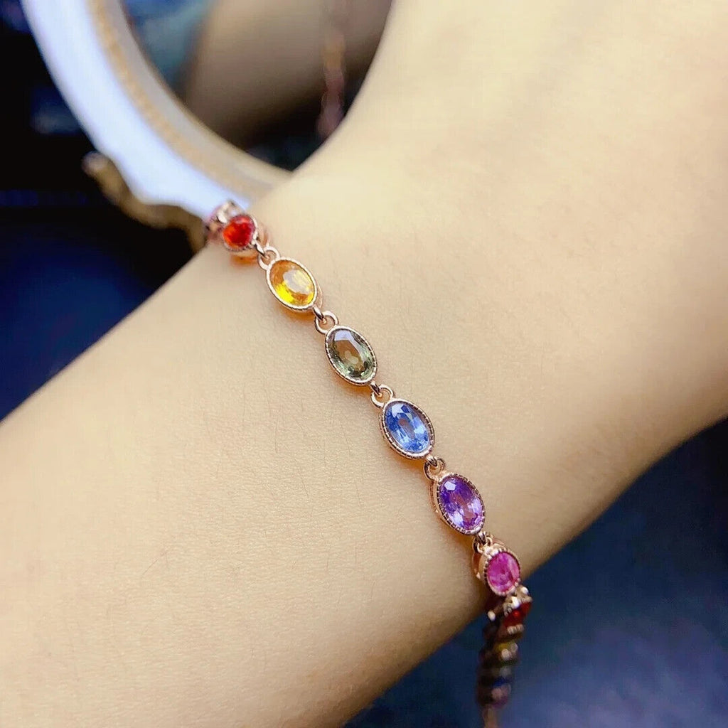 Colorful Sapphire Gemstone Tennis Bracelet, Natural Sapphire Bracelet Silver