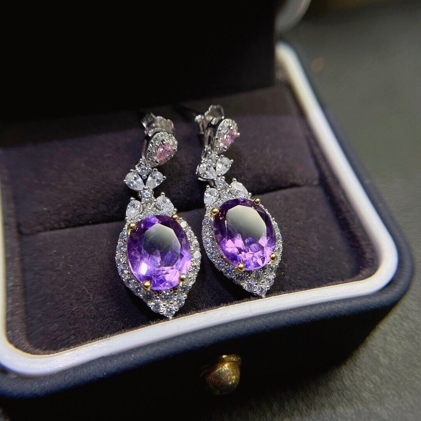 8x10mm Genuine Amethyst Drop Dangle Earrings, Oval Cut Amethyst Earrings