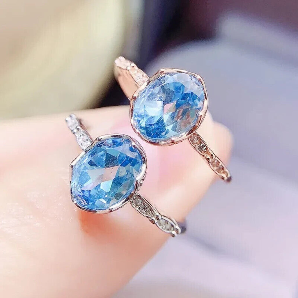 Swiss Blue Topaz Gemstone Ring, Natural Blue Topaz Ring 6x8mm 1.6CT 925 Sterling