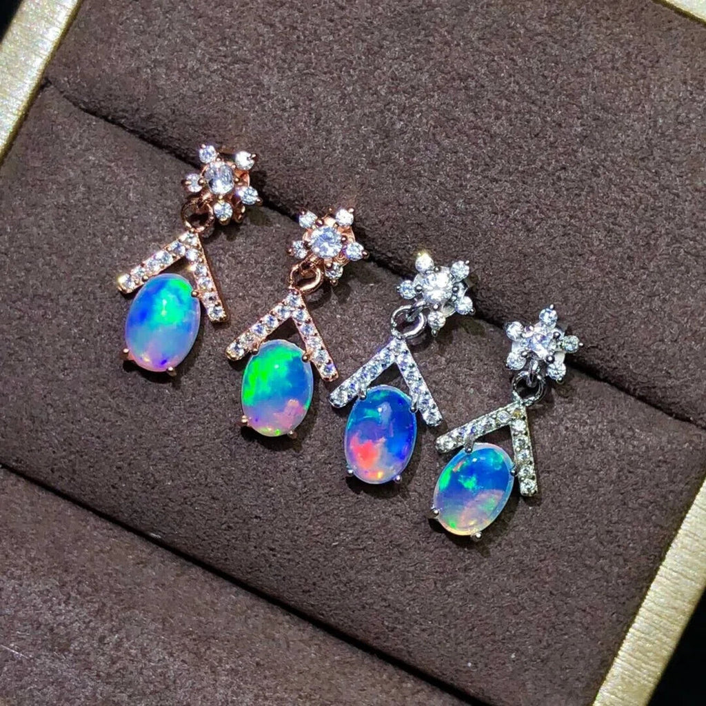Women's Opal Dangle Earrings, Natural Fire Opal Dangle Earrings 5x7mm