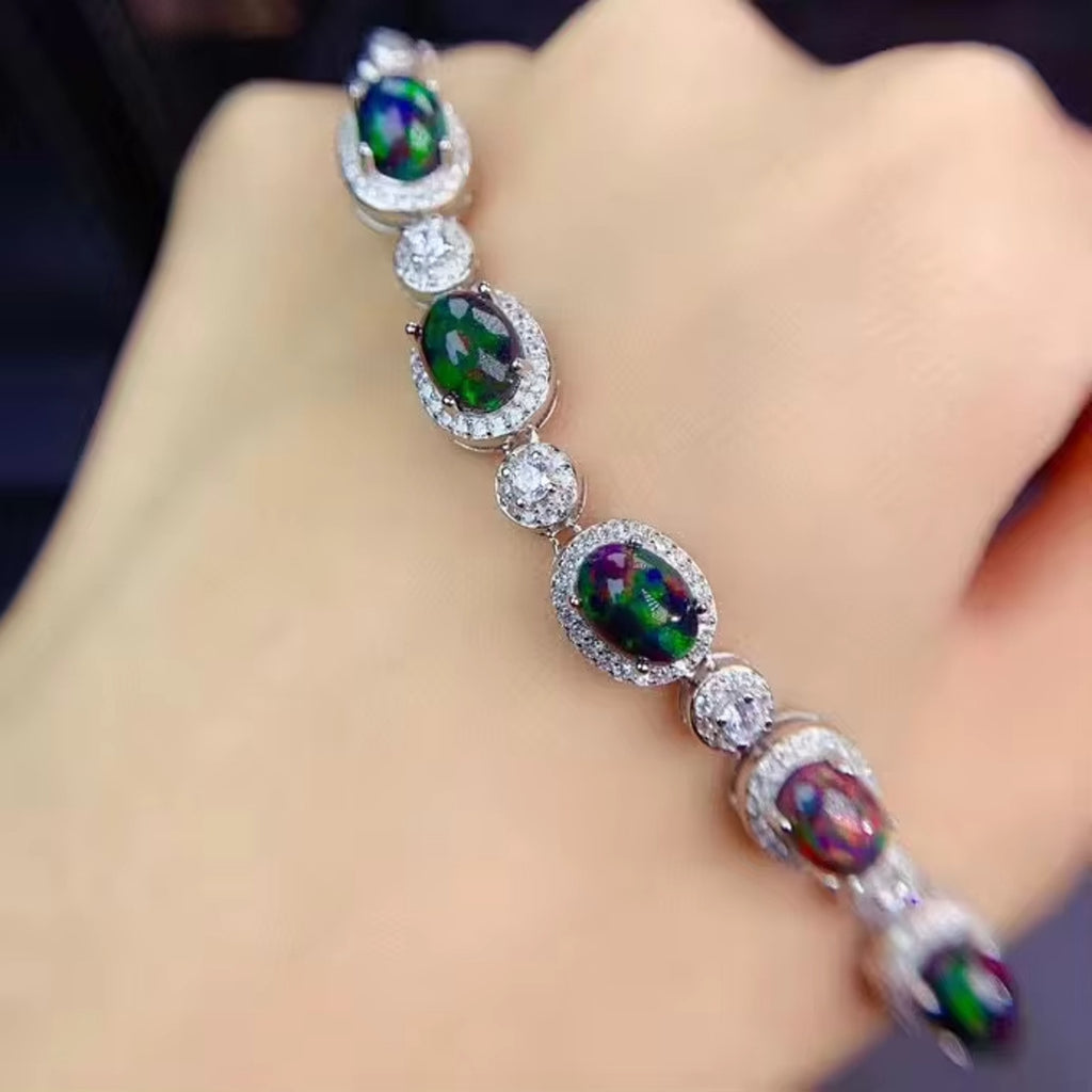 Black Fire Opal Bracelet 925 Sterling Silver, Black Opal Chain Bracelet 6x8mm
