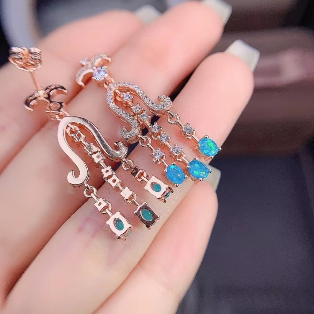 Natural 2.00 Carat Opal Oval Shape Stud, Blue Opal Chandelier Earrings