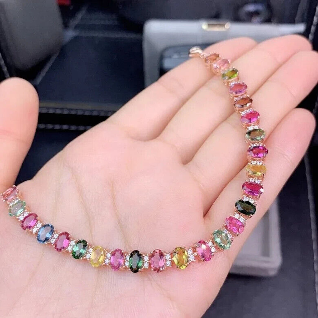 Natural Brazilian Tourmaline Gemstone Tennis Bracelet, Multicolor Tourmaline