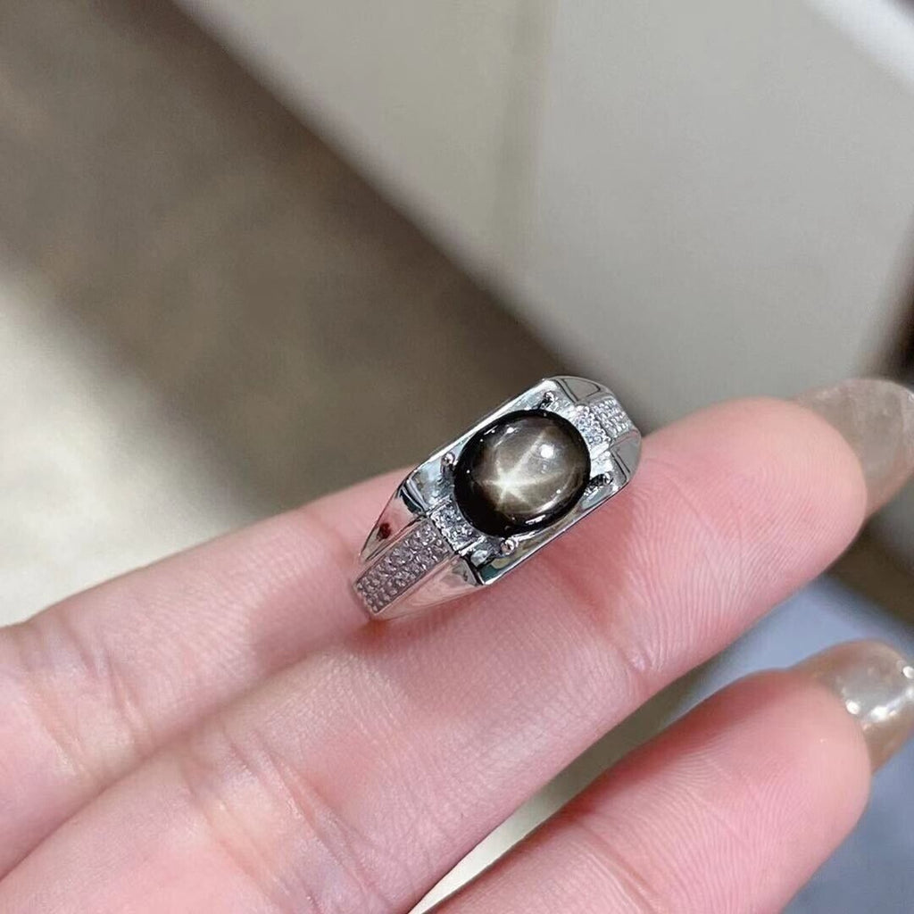 Men's Gray Star Sapphire Ring, 7x9mm Natural Gray Star Sapphire Ring Sterling