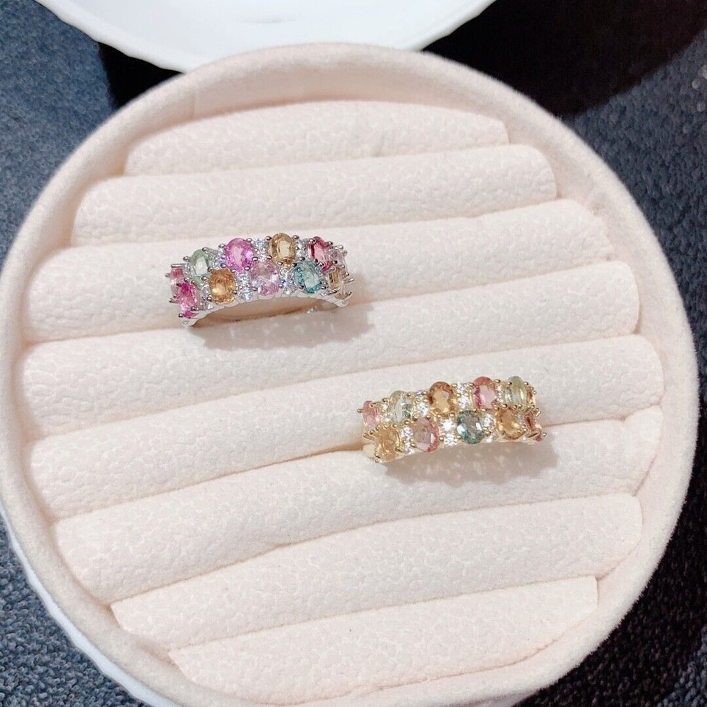 Double Layer Tourmaline Gemstone Band Ring, Women's Natural Tourmaline Rings