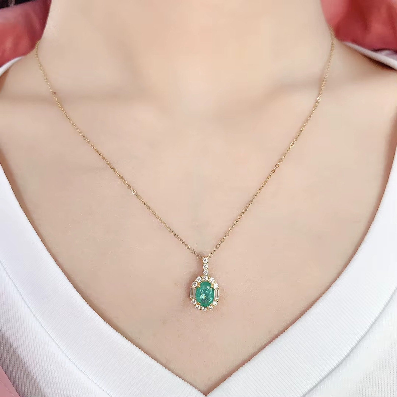 1CT Natural Emerald Pendant Necklace, Natural Colombian Emerald Necklace 5x7mm