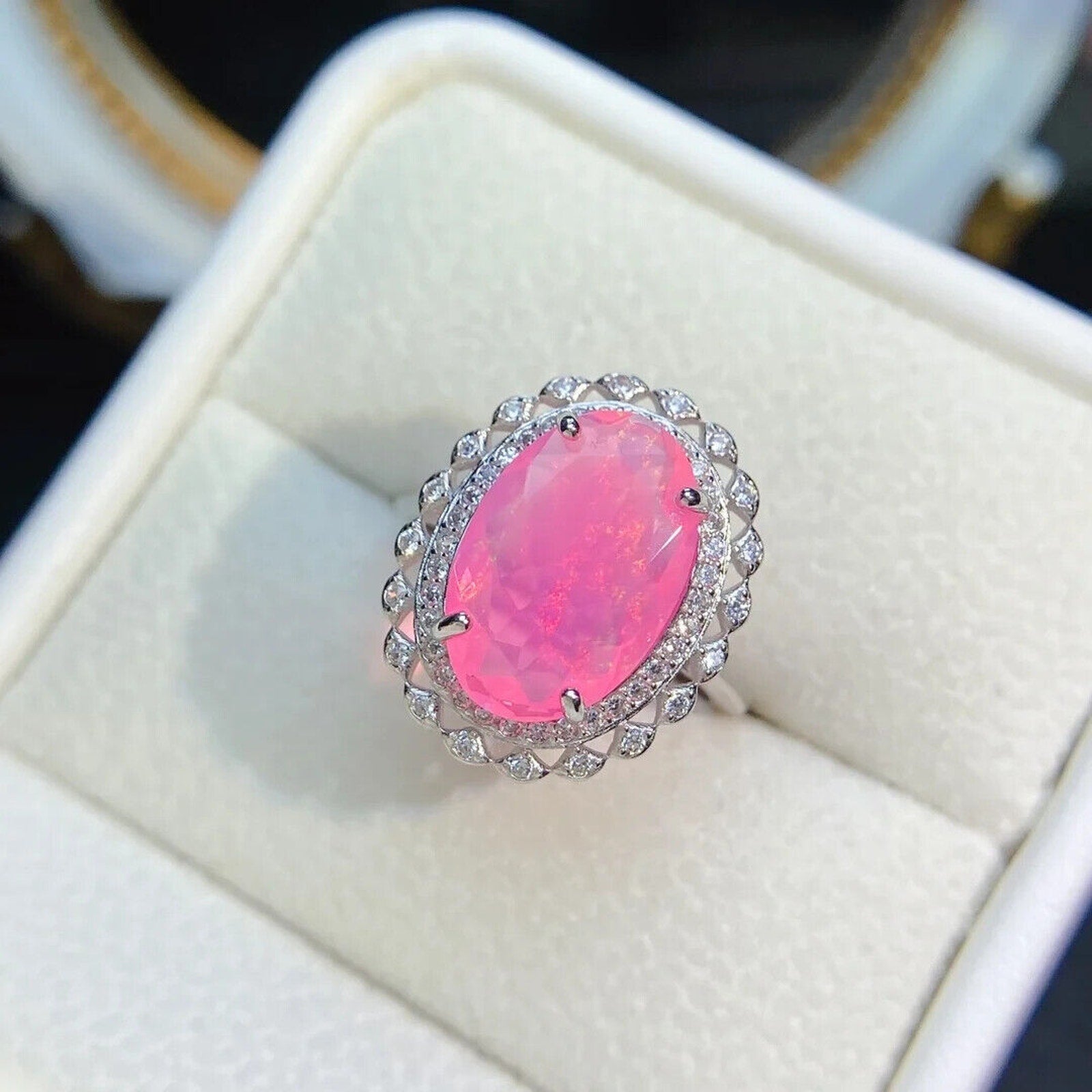 Pink Fire Opal Large Statement Ring 10x15mm, Natural Pink Fire Opal Ring