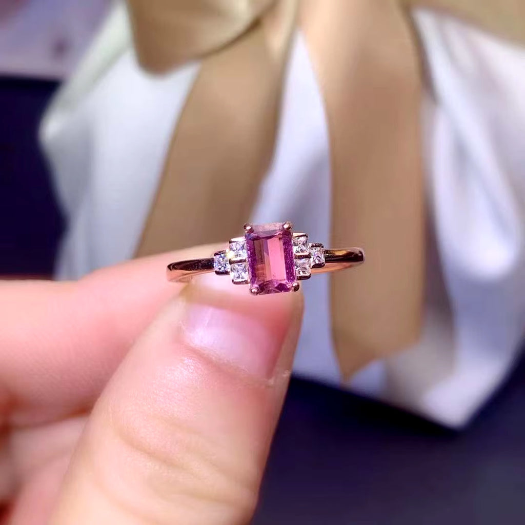 Pink Tourmaline Ring, Emerald Cut Pink Tourmaline Gemstone Ring