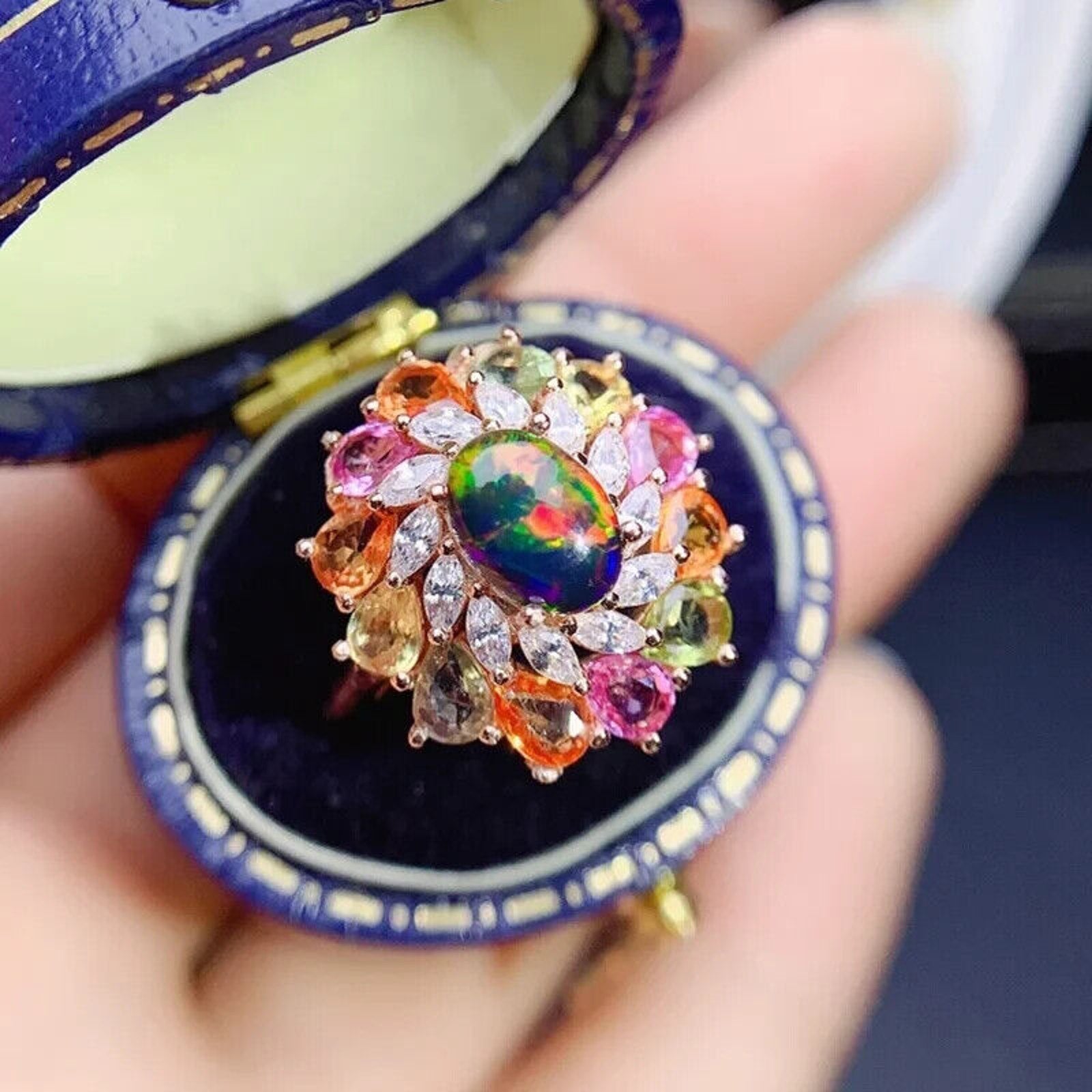 Black Fire Opal and Sapphire Cluster Statement Ring, Fire Opal and Sapphire